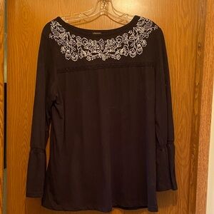 Max Studio Black Top with White Embroidery